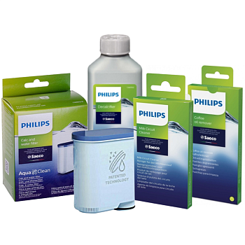 Набор Philips Saeco (фильтр AquaClean , таблетки от масел , жидкость от накипи , порошок от молочки)