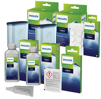Набор Philips Saeco (фильтр AquaClean 2шт , таблетки от масел , жидкость от накипи , порошок от молочки. смаз)